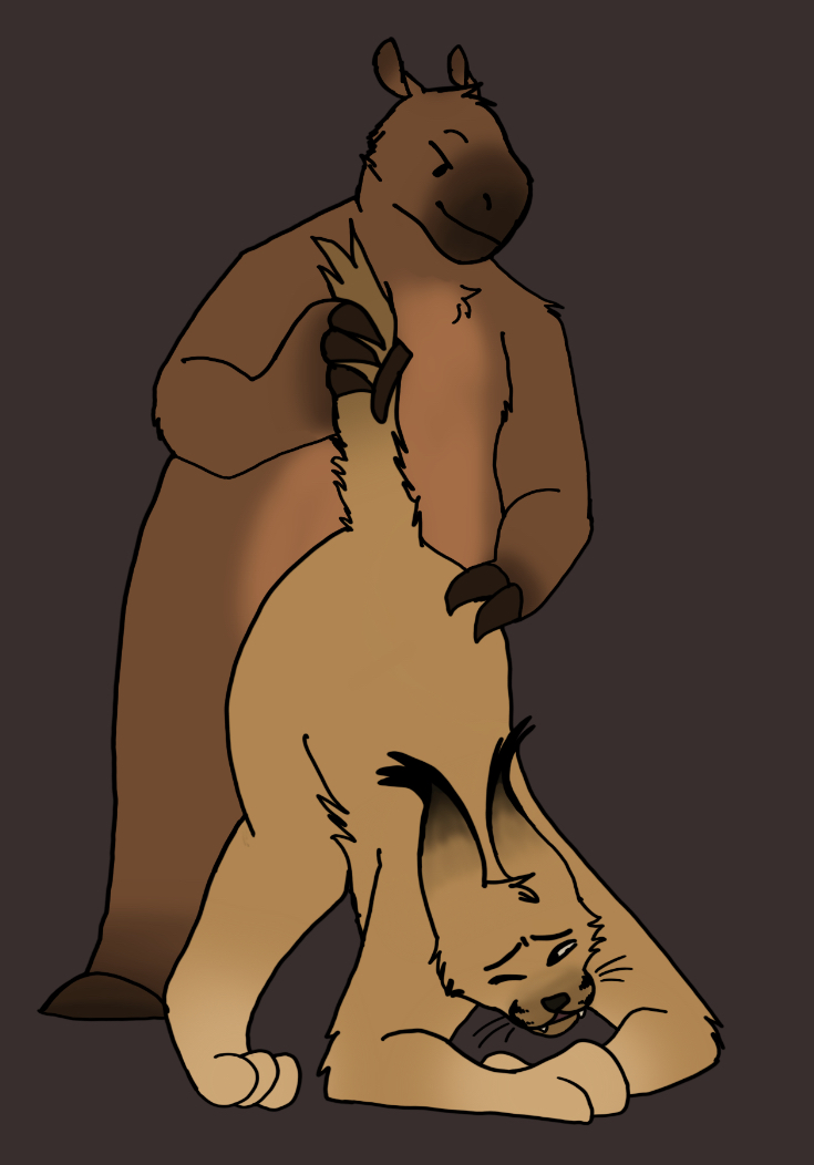 anthro big_floppa butt capybara caracal caracal_(genus) caviid conditional_dnp dominant duo ears_back felid feline female fluffy hurt_expression intersex intersex/intersex intersex/male male male/female male/male mammal pivoted_ears rodent submissive tailgrip