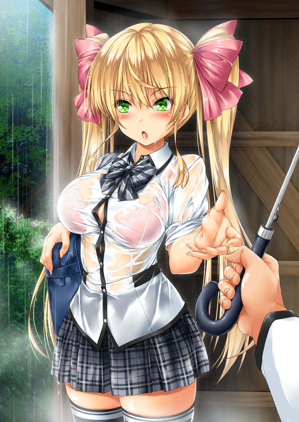 1girl bag bangs black_bow black_bowtie black_legwear black_skirt blonde_hair blush bow bowtie bra breasts collared_shirt commentary_request eyebrows_visible_through_hair green_eyes hair_between_eyes highres holding holding_umbrella kamiya_tomoe large_breasts long_hair looking_away moe2022 open_mouth original outdoors outstretched_arm pink_bra pink_ribbon plaid plaid_skirt pleated_skirt pov_hand rain ribbon see-through shirt shoulder_bag sidelocks skirt sleeves_rolled_up solo thighhighs twintails umbrella underwear wet wet_clothes wet_shirt white_shirt zettai_ryouiki