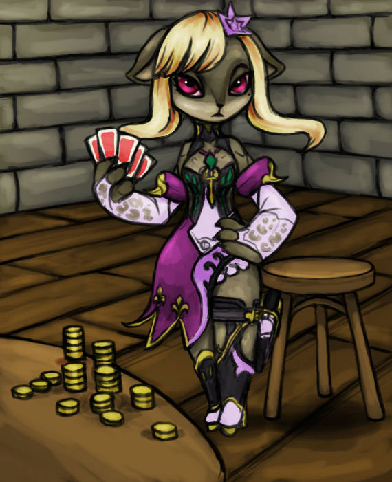 accessory almimi anthro blonde_hair caravan_stories card clothed clothing female flower flower_in_hair hair hair_accessory high_heels lonelyworld looking_at_viewer mammal money mouse murid murine plant poker purple_eyes rodent sleeves solo