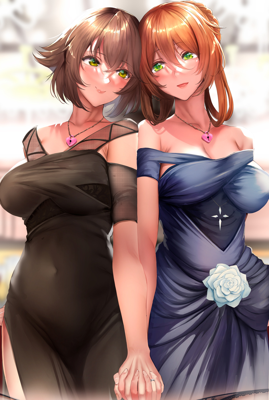 2girls black_dress blue_dress blush breasts brown_hair cleavage collarbone commission covered_navel crossover dress girls'_frontline green_eyes heart_lock_(kantai_collection) highres interlocked_fingers jewelry kantai_collection large_breasts long_hair looking_at_another multiple_girls mutsu_(kancolle) necklace nohito orange_hair short_hair sidelocks skeb_commission springfield_(girls'_frontline)