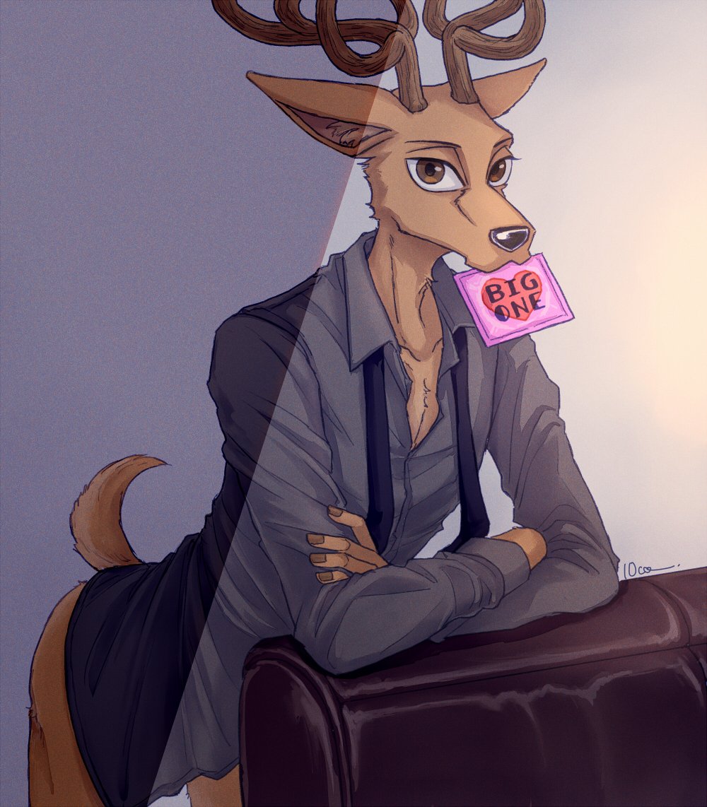 &lt;3 10co 2022 anthro antlers beastars bite bottomless card cervid clothed clothing crossed_arms dress_shirt english_text fur furniture grey_background holding_object holidays horn light lighting looking_at_viewer louis_(beastars) male mammal nails necktie shirt signature simple_background skinny skinny_anthro skinny_male sofa solo standing text topwear tuft valentine's_day valentines_day_card