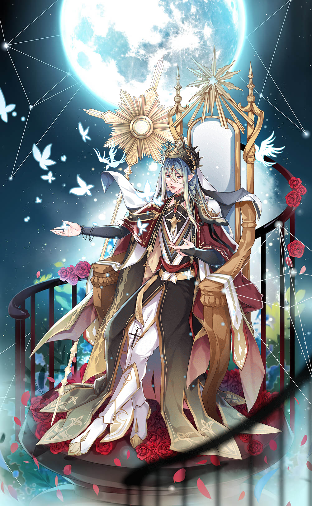 1boy beer_(sp)_(food_fantasy) blue_eyes constellation food_fantasy full_body highres hiiragi_yukiya looking_to_the_side official_art pale_skin second-party_source sitting sky star_(sky) starry_sky throne white_hair