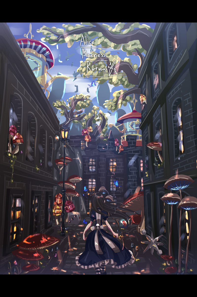 1girl alice:_madness_returns alice_(alice_in_wonderland) american_mcgee's_alice black_hair bug butterfly copyright_name dice dress enothela highres long_hair mushroom pantyhose solo striped striped_legwear tree weapon