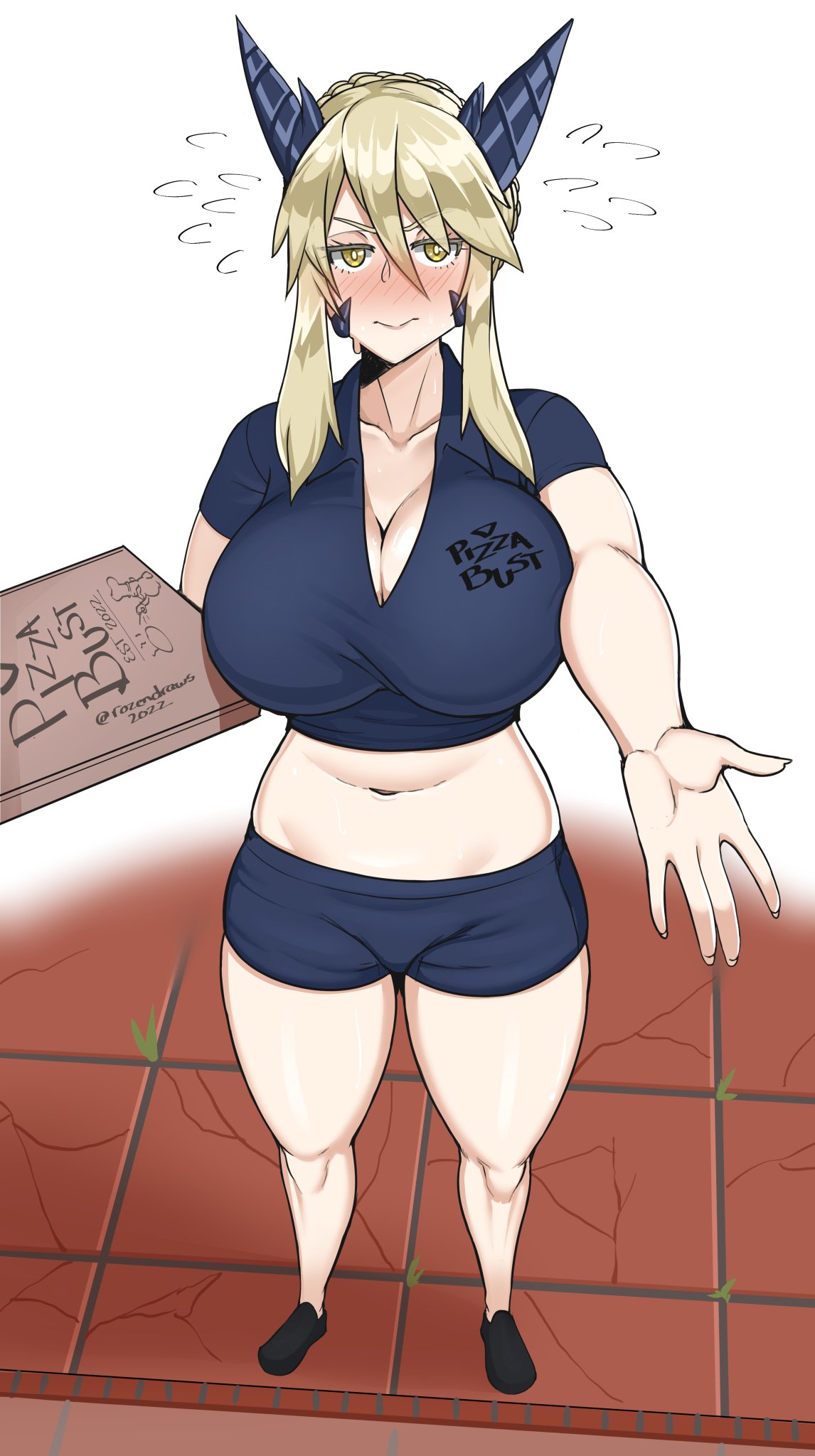 artoria_pendragon_(alter) big_breasts blonde_hair bodily_fluids breasts cleavage clothed clothing collarbone crop_top delivery_(commerce) delivery_employee fate_(series) female flying_sweatdrops food_carrier food_delivery gaikiken hair hi_res horn huge_breasts human looking_at_viewer mammal navel pizza_box pizza_delivery pizza_delivery_carrier shirt solo sweat sweatdrop topwear yellow_eyes