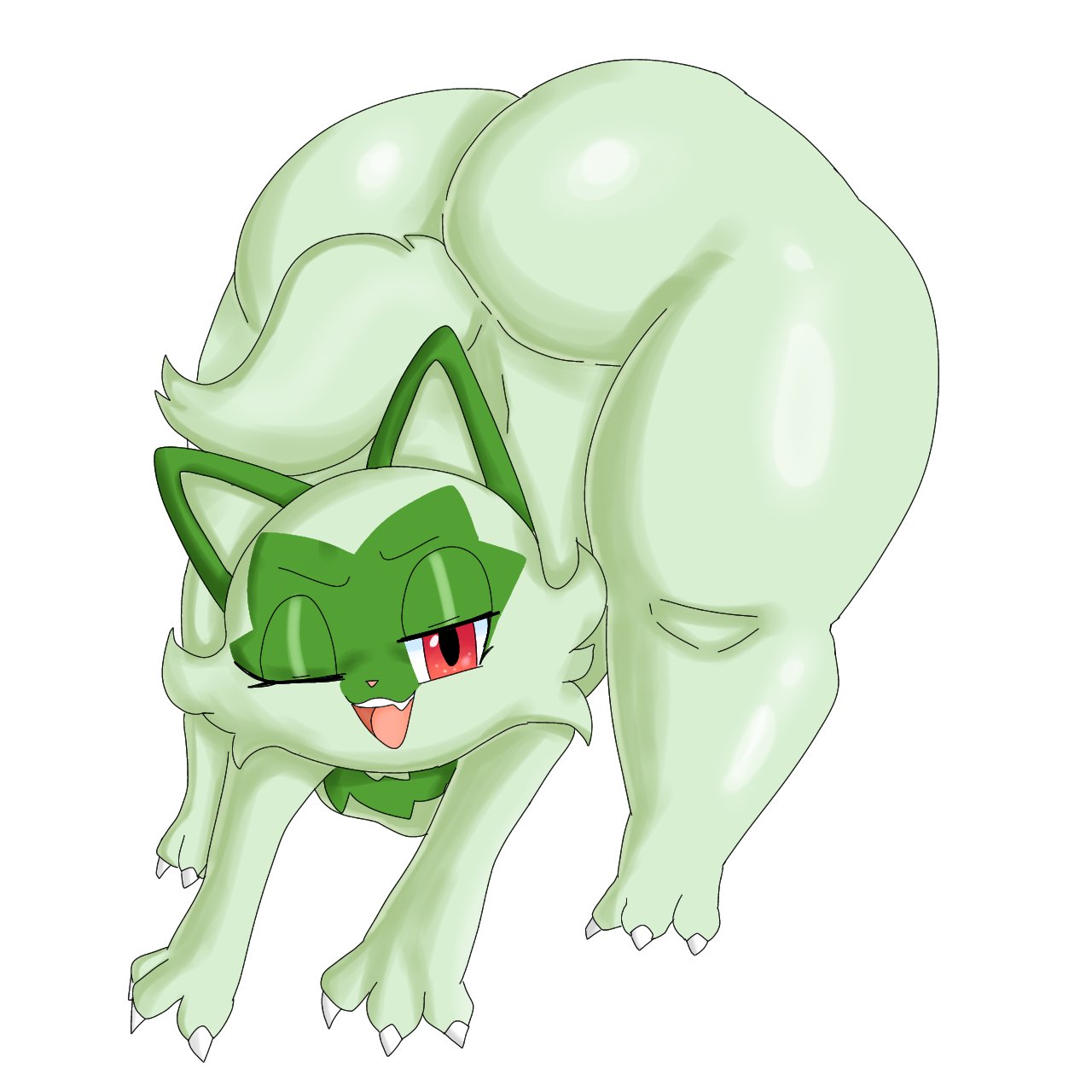 ass_up big_butt butt female fur green_body green_fur hi_res mochikirb nintendo one_eye_closed pok&eacute;mon pok&eacute;mon_(species) simple_background solo sprigatito thick_thighs video_games white_background wink