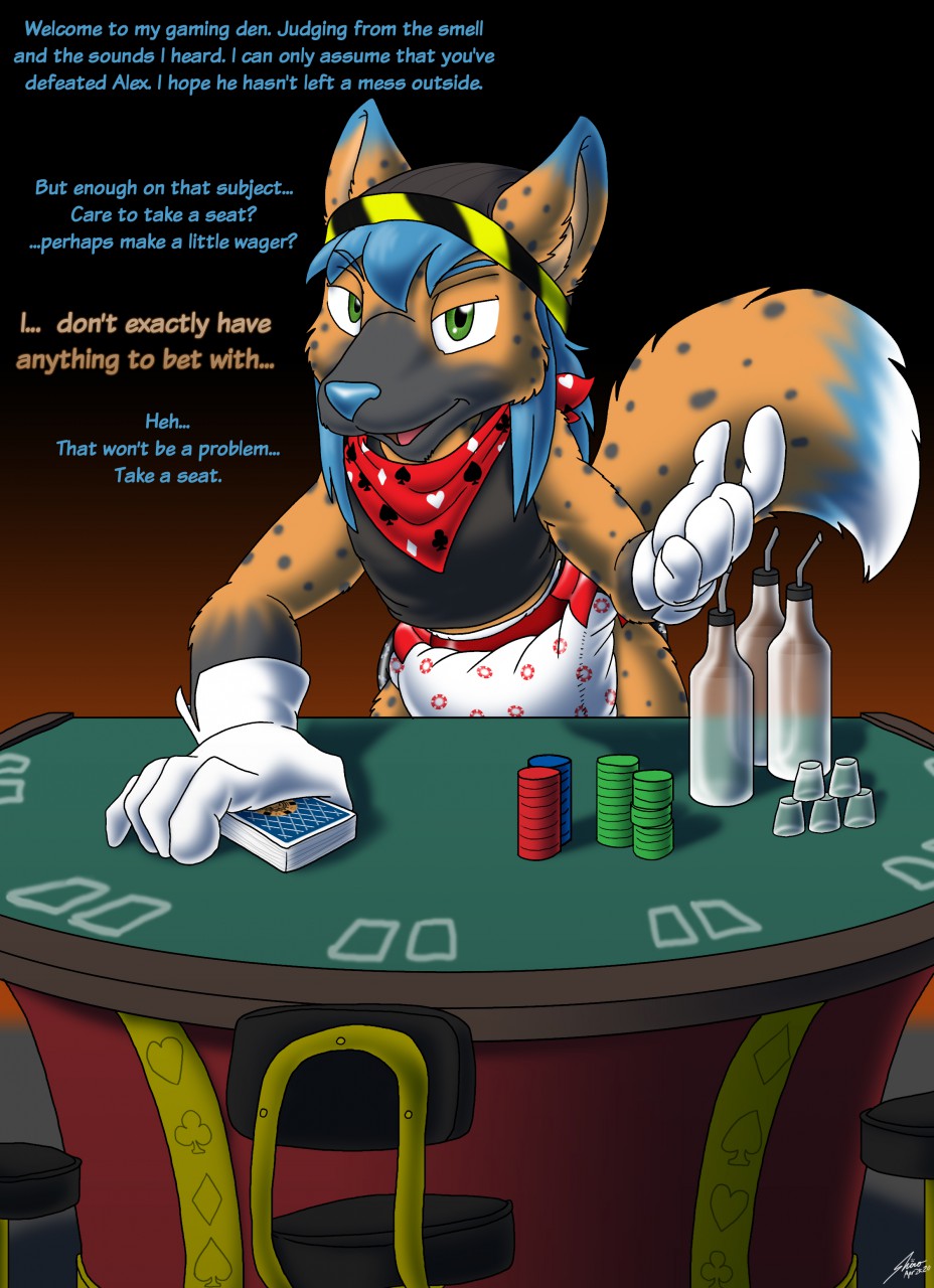 anthro canid canine catmonkshiro diaper english_text fox hi_res hyox laxatives looking_at_viewer male mammal poker poker_chip poker_table smile smug solo text tokky