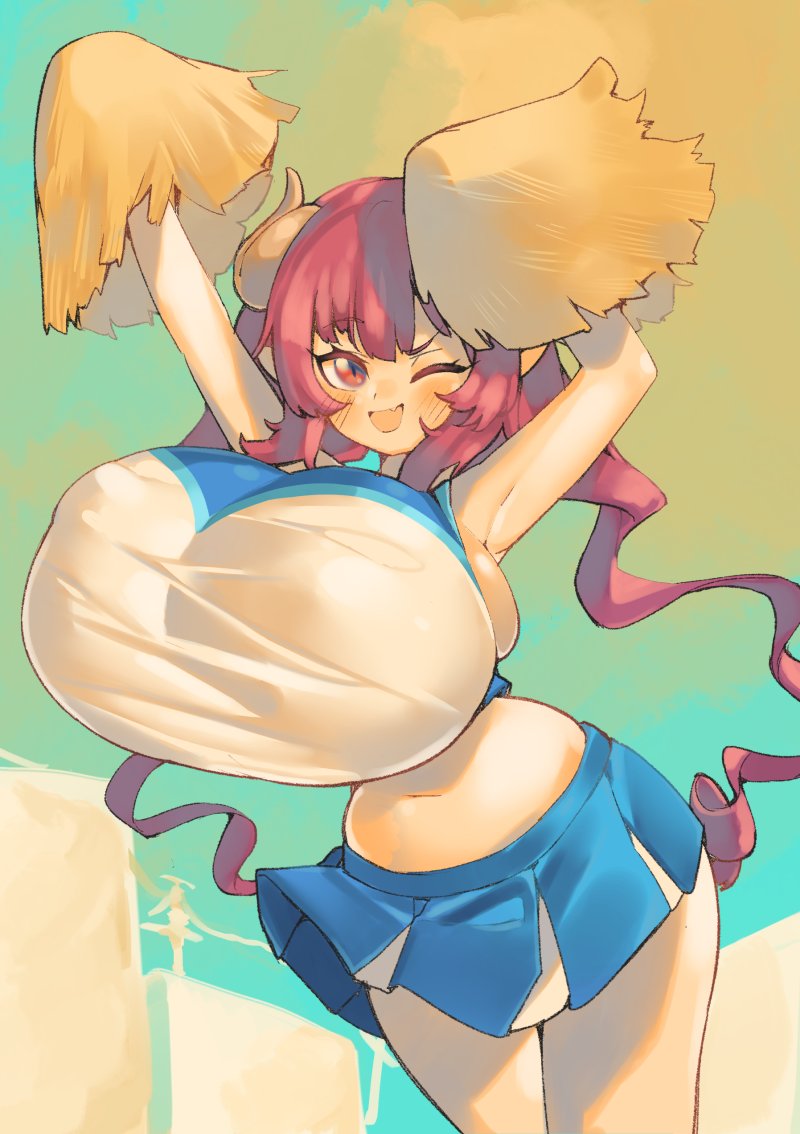 animal_humanoid big_breasts blush breasts cheerleader cheerleader_outfit clothing dragon dragon_humanoid fangs female hair horn horned_humanoid huge_breasts humanoid hyper hyper_breasts ilulu midriff miss_kobayashi's_dragon_maid navel nipple_outline one_eye_closed open_mouth pincerpencil pink_eyes pink_hair smile solo standing teeth thick_thighs wide_hips wink