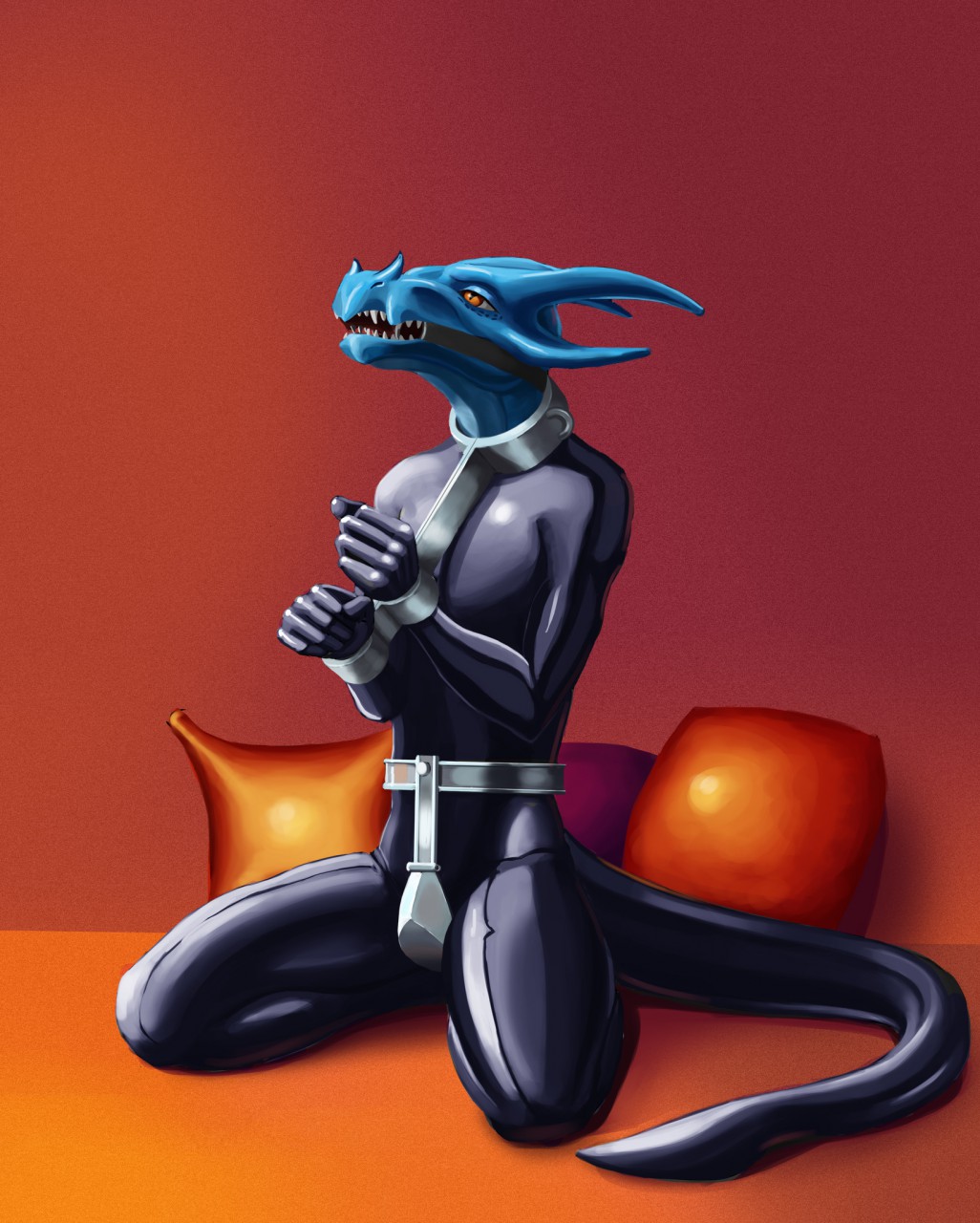 2019 anthro black_latex blue_body blue_scales bodysuit chastity_belt chastity_device clothing collar cuff_(restraint) dragon gag gagged glistening glistening_clothing hi_res horn inside kneeling looking_forward male mitokep open_mouth orange_eyes phrixian_(frickingdragon) pillow restraints ring_gag rubber rubber_clothing rubber_suit scales shackles shrew's_fiddle skinsuit solo stocks teeth tight_clothing wrist_cuffs wyvern