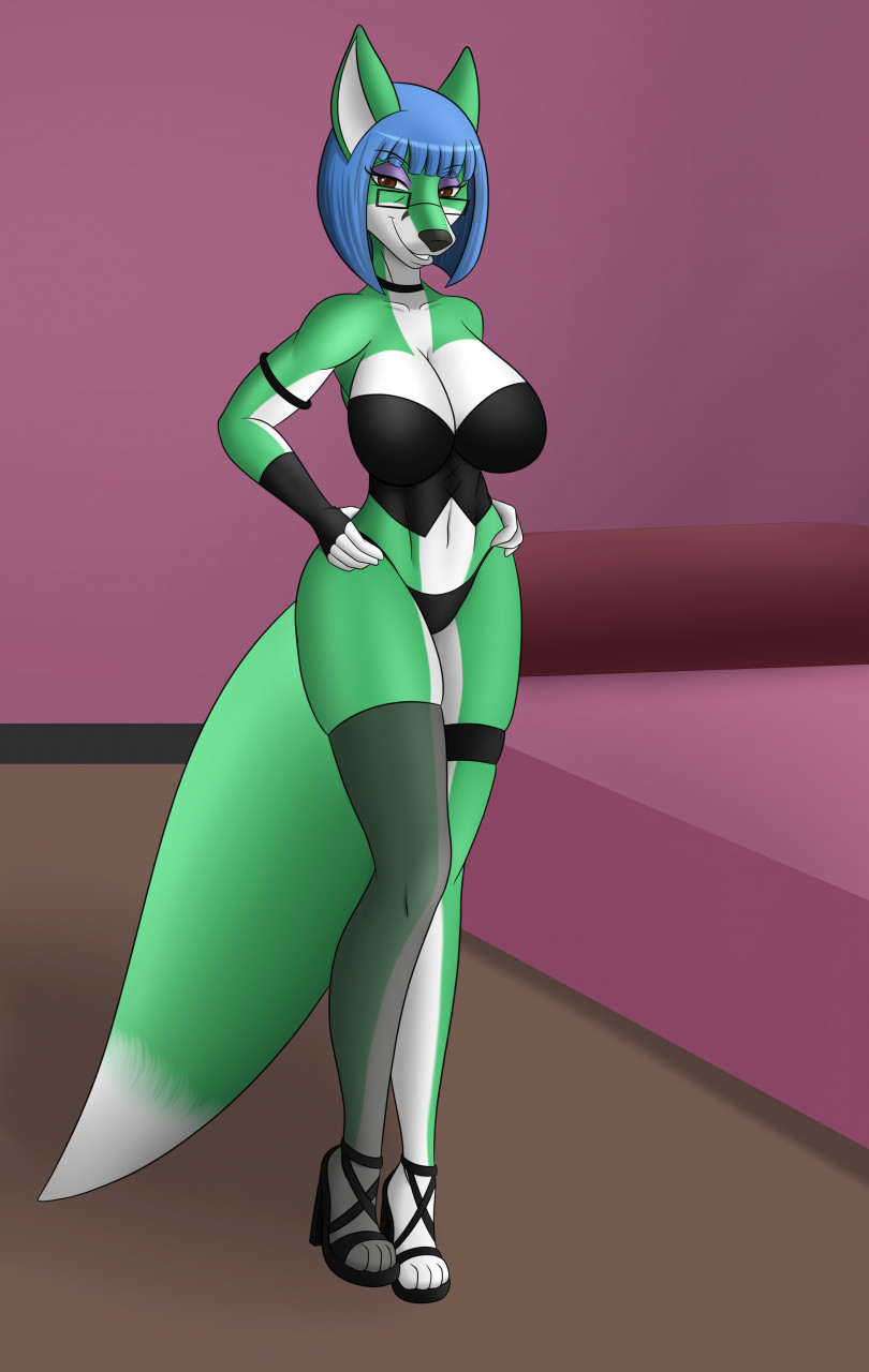 anthro aventis aventis_vixxx bed bedroom big_breasts blue_hair breasts canid canine clothing corset eyeshadow eyewear female footwear fox fur furniture garter_belt_leggings glasses green_body green_fur hair hi_res high_heels holidays legwear lingerie makeup mammal multicolored_body multicolored_fur navel shoes solo stockings topwear two_tone_body two_tone_fur underwear valentine's_day white_body white_fur wide_hips