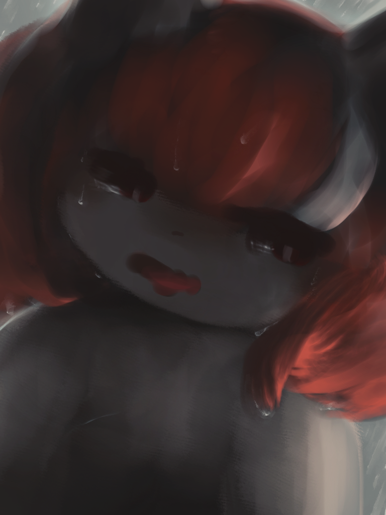 bangs black_eyelashes black_nose canid canine clothed clothing featureless_chest female hair hasukii kemono looking_at_viewer looking_down mal_(hasukii) mammal nude open_mouth pupils raining red_eyes red_hair red_tongue short_hair solo tongue topless wet white_hair white_pupils