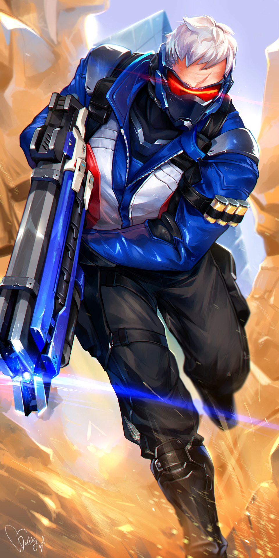 1boy ammunition armored_boots artist_name assault_rifle bandolier black_pants blue_jacket boots energy_gun glowing gun highres holding holding_gun holding_weapon jacket lina_rojas male_focus mask overwatch pants rifle scar scar_on_face short_hair soldier:_76_(overwatch) solo visor weapon white_hair