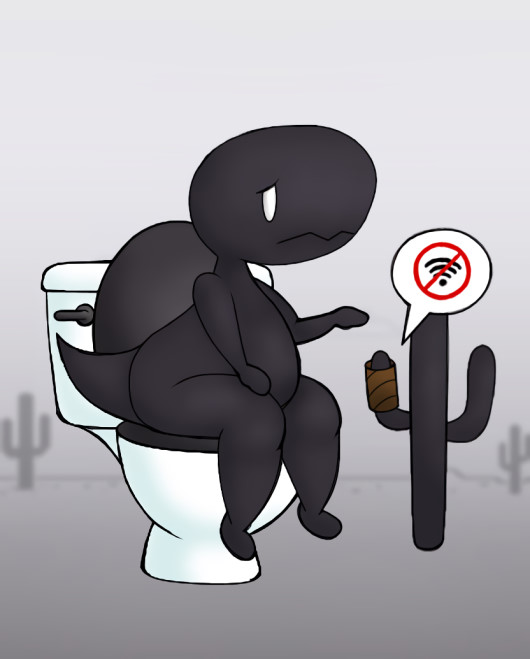 anthro belly cactus desert dinosaur_(google_chrome) google google_chrome humanoid implied_scat outside overweight plant privy sad short_stack sitting solo toilet toilet_bowl toilet_paper toilet_use