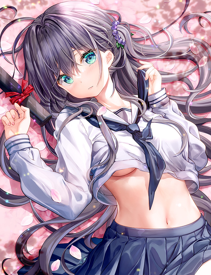 1girl bangs black_hair black_neckerchief black_skirt breasts closed_mouth clothes_lift commentary_request eyebrows_visible_through_hair fujima_takuya graduation green_eyes hair_between_eyes hands_up long_hair long_sleeves looking_at_viewer medium_breasts navel neckerchief official_art one_side_up original petals pleated_skirt shirt shirt_lift skirt sleeves_past_wrists solo underboob very_long_hair white_shirt