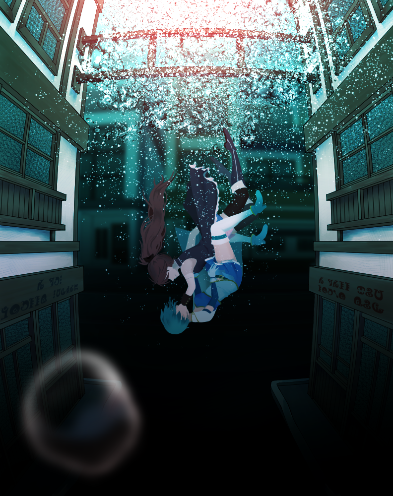 2girls aoyagi_issa blue_hair bubble falling magical_girl mahou_shoujo_madoka_magica miki_sayaka multiple_girls ponytail sakura_kyouko short_hair surreal underwater underwater_city underwater_house