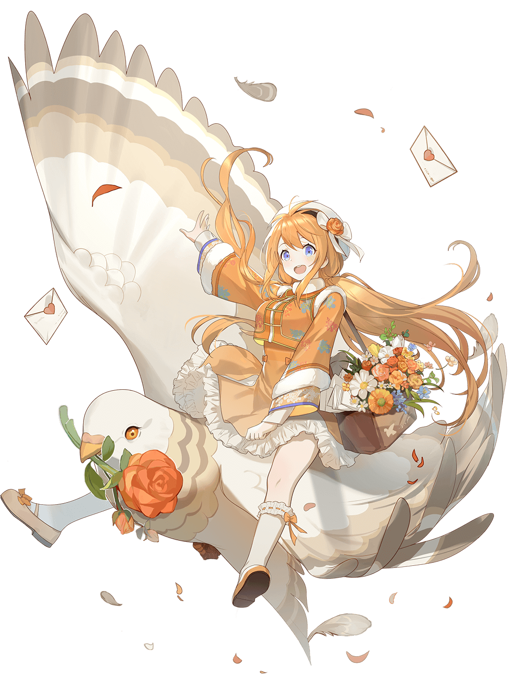 1girl bird blue_eyes crisp-skinned_squab_(food_fantasy) dress envelope flower flying food_fantasy full_body hand_up hat heart highres looking_at_viewer love_letter official_art orange_hair pale_skin second-party_source twintails