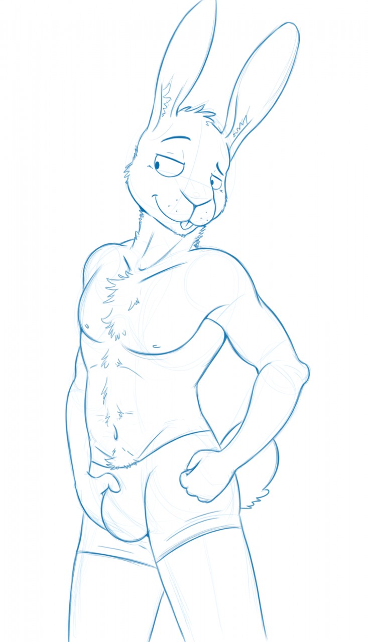 anthro belly_tuft biped blue_and_white bottomwear bucklebunny cheek_tuft chest_tuft clothing eyebrows facial_tuft guide_lines hand_on_bulge head_tuft hi_res inner_ear_fluff lagomorph leporid long_ears looking_aside male mammal monochrome navel neck_tuft nipples pants rabbit raised_eyebrow scut_tail short_tail sketch smile solo standing teeth tuft
