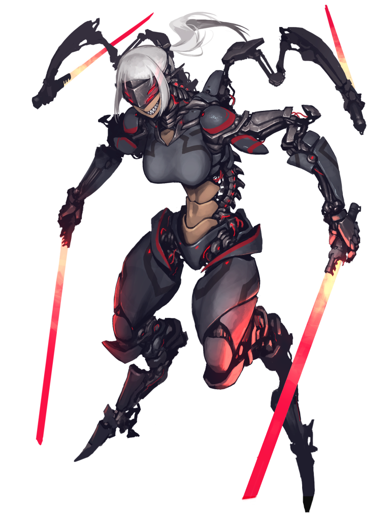 1girl android breasts dairoku_ryouhei full_body glowing grey_hair head-mounted_display hetza_(hellshock) holding holding_sword holding_weapon large_breasts long_hair mechanical mechanical_arms mechanical_legs ponytail sharp_teeth smile solo spine standing sword teeth transparent_background weapon