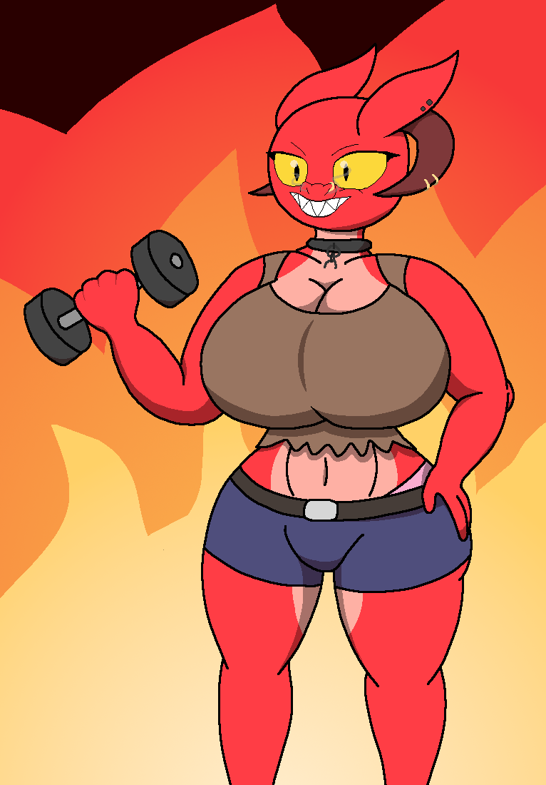 anthro big_breasts bottomwear breasts broken_chain clothing collar cookie-pone dragon dumbbell ear_piercing facial_piercing female horn_jewelry horn_ring huge_breasts hyper hyper_breasts muscular muscular_anthro muscular_female nose_piercing piercing red_body red_scales reptile ring_(jewelry) scales scalie shorts smoke_from_nose solo thick_thighs torn_clothing weights western_dragon wide_hips yellow_sclera