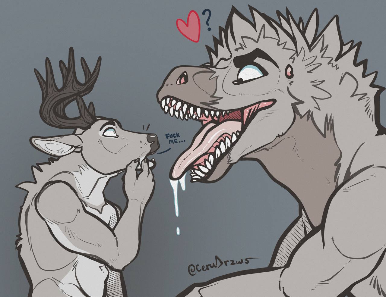 &lt;3 anthro antlers big_tongue bodily_fluids capreoline ceru_(artist) ceruleanraptor cervid digital_media_(artwork) dinosaur dromaeosaurid duo english_text eyebrows feathered_dinosaur feathers fluffy fluffy_hair fur hair horn imminent_vore male male/male mammal mawplay open_mouth profanity reptile saliva scalie sharp_teeth signature simple_background size_difference tan_body tan_fur teeth teeth_showing text theropod thick_eyebrows tongue tongue_out utahraptor vore white-tailed_deer wide_eyed
