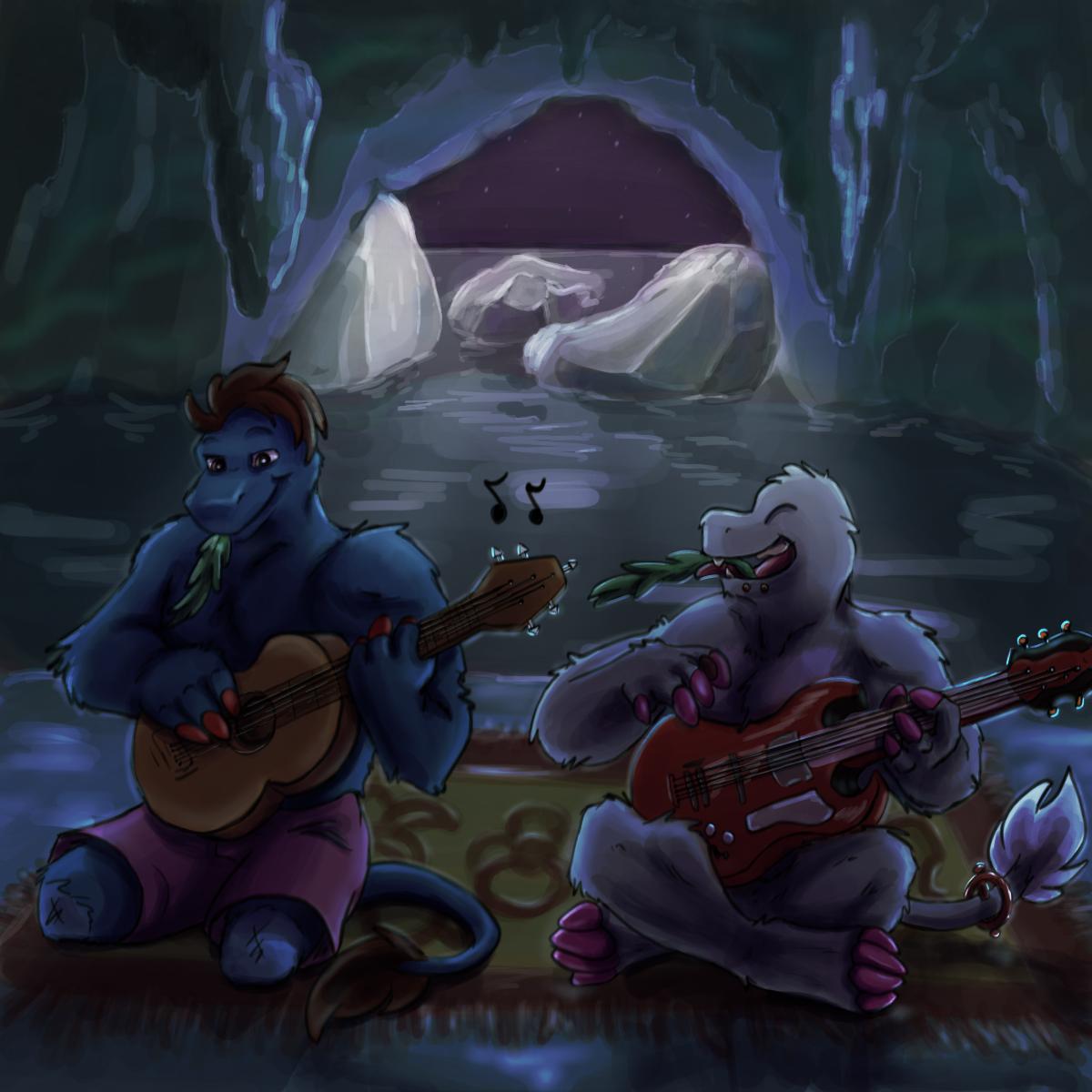 anthro cave chupadore colored_nails crossroadspony detailed_background duo friends furgonomics furry-specific_piercing guitar hi_res iceberg legless male male/male muscular musical_instrument nails piercing plucked_string_instrument raemyshu relaxing robin_(chupadore) rvb_revolution samael_wurlitz string_instrument water