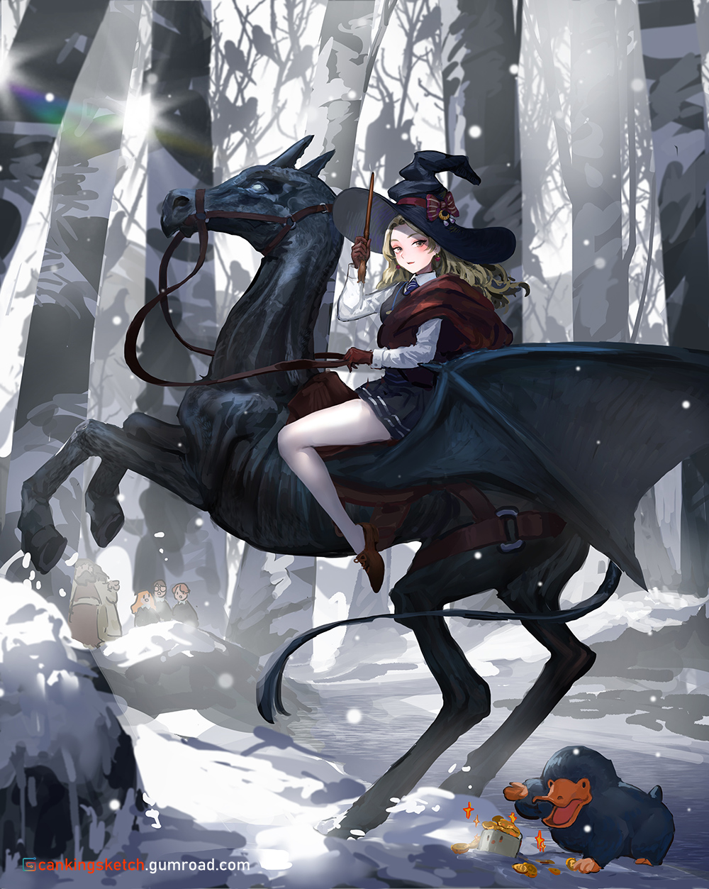 2girls 3boys animal black_headwear black_skirt blonde_hair blush bow breasts brown_footwear brown_gloves closed_mouth coin collared_shirt commentary_request danann day earrings forehead forest gloves gold harry_potter harry_potter_(series) hat hat_bow hermione_granger highres holding holding_wand horse horseback_riding jewelry long_hair long_sleeves looking_at_viewer luna_lovegood medium_breasts multiple_boys multiple_girls nature outdoors pantyhose pleated_skirt red_bow riding river ron_weasley rubeus_hagrid shirt shoes skirt smile snow snowing solo_focus sparkle striped striped_bow sweater_vest tree wand water watermark web_address white_legwear white_shirt winged_animal witch_hat