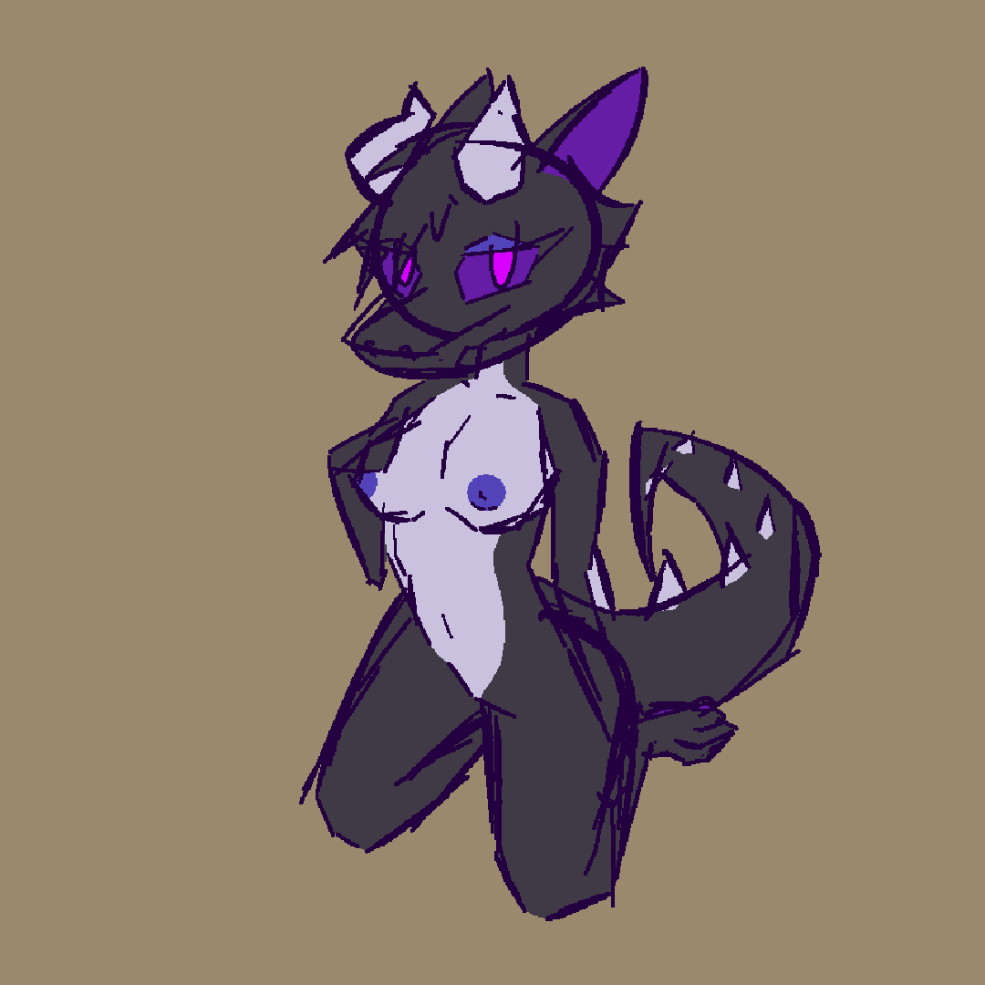 anthro breasts dragon ender_dragon female guide_lines horn kneeling microsoft minecraft mitkit mojang nipples no_shading nude paws purple_eyes simple_background sketch solo spiked_tail spikes spikes_(anatomy) video_games xbox_game_studios
