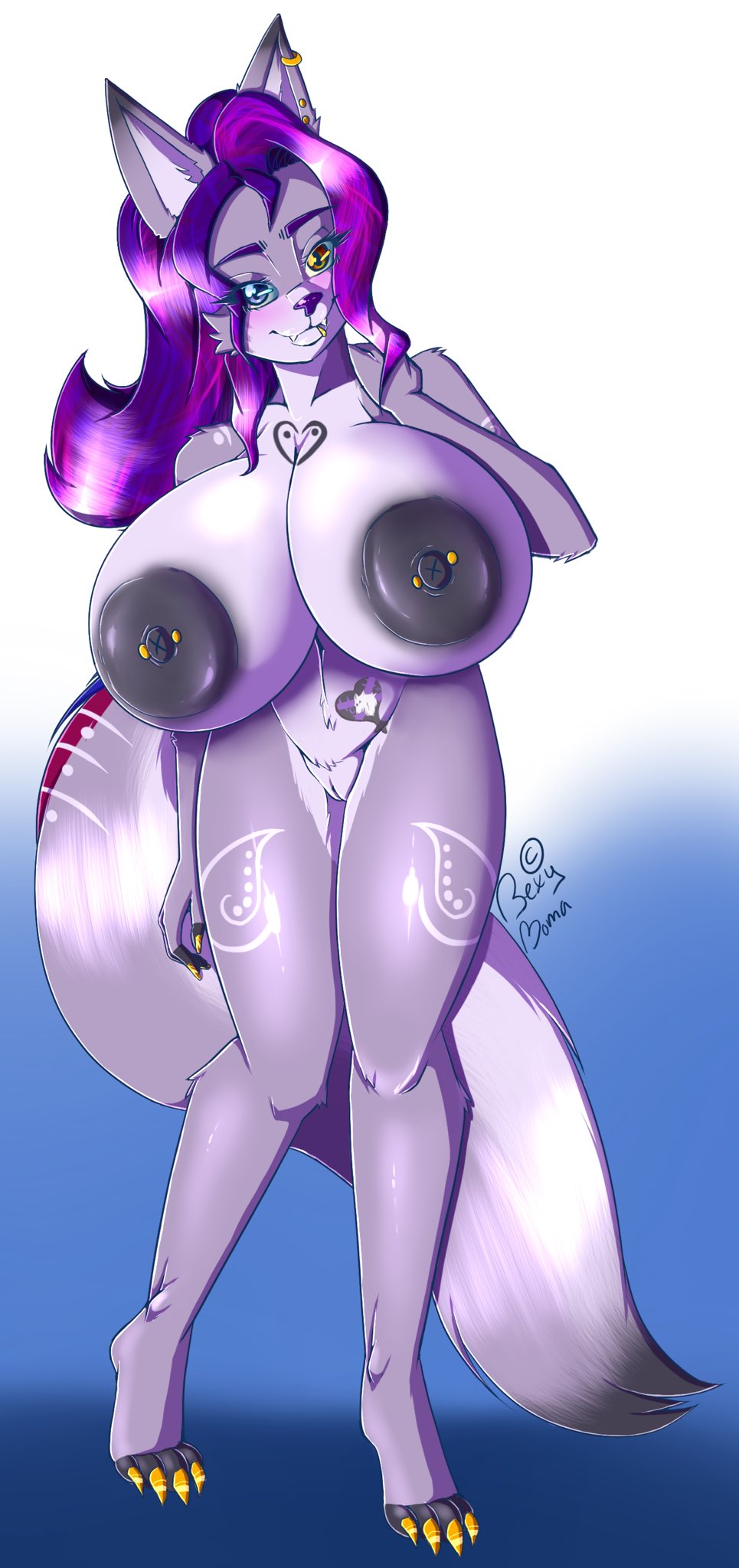 anthro big_breasts breasts canid canine female genitals hair heterochromia hi_res huge_breasts mammal nipple_piercing nipples piercing purple_hair pussy rar1990 solo