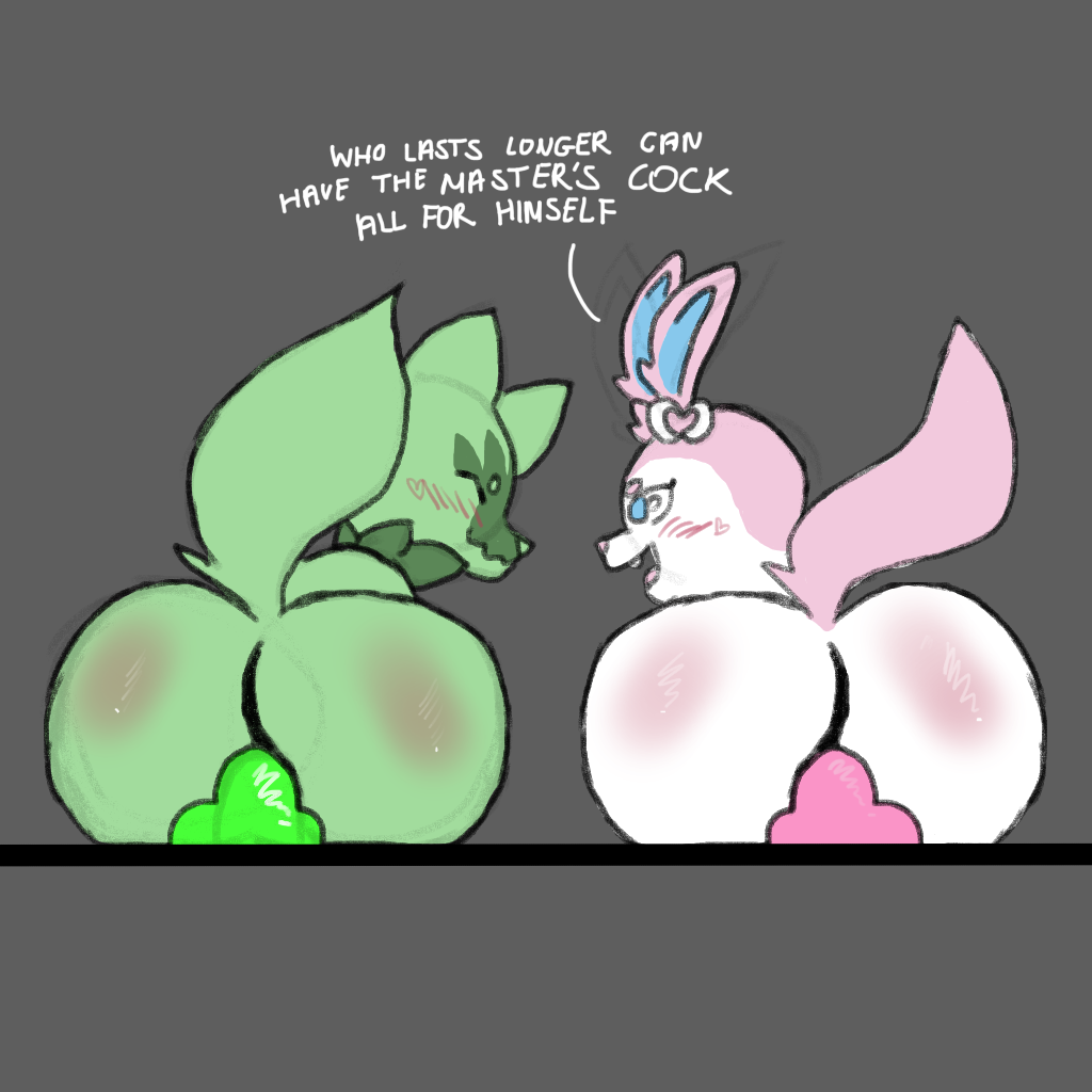 anal anal_penetration big_butt blue_eyes blush blush_lines bow_tie butt contest dialogue dildo dildo_in_ass dildo_insertion dildo_sitting duo duo_focus eeveelution eyes_closed feral fluffy fluffy_tail fur glu_(artist) green_body green_dildo green_fur group looking_pleasured male male/male masturbation neck_tuft nintendo penetration pink_body pink_dildo pink_fur pok&eacute;mon pok&eacute;mon_(species) raised_tail sex_toy sex_toy_in_ass sex_toy_insertion smile sprigatito sylveon toying_self tuft video_games white_body white_fur