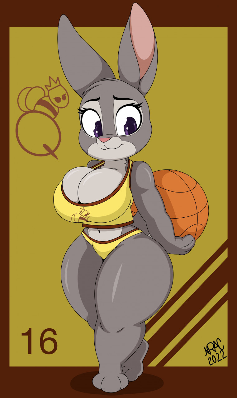 2022 anthro arthropod ball basketball basketball_(ball) basketball_uniform bee big_breasts bonnie_hopps bottomwear breasts cleavage clothed clothing crop_top disney ears_up female fur hands_behind_back hi_res holding_basketball holding_object hotpants hymenopteran insect lagomorph leporid looking_back mammal mature_female nr_ac number rabbit shirt shorts skimpy smile solo sportswear tank_top thick_thighs topwear uniform yellow_clothing zootopia