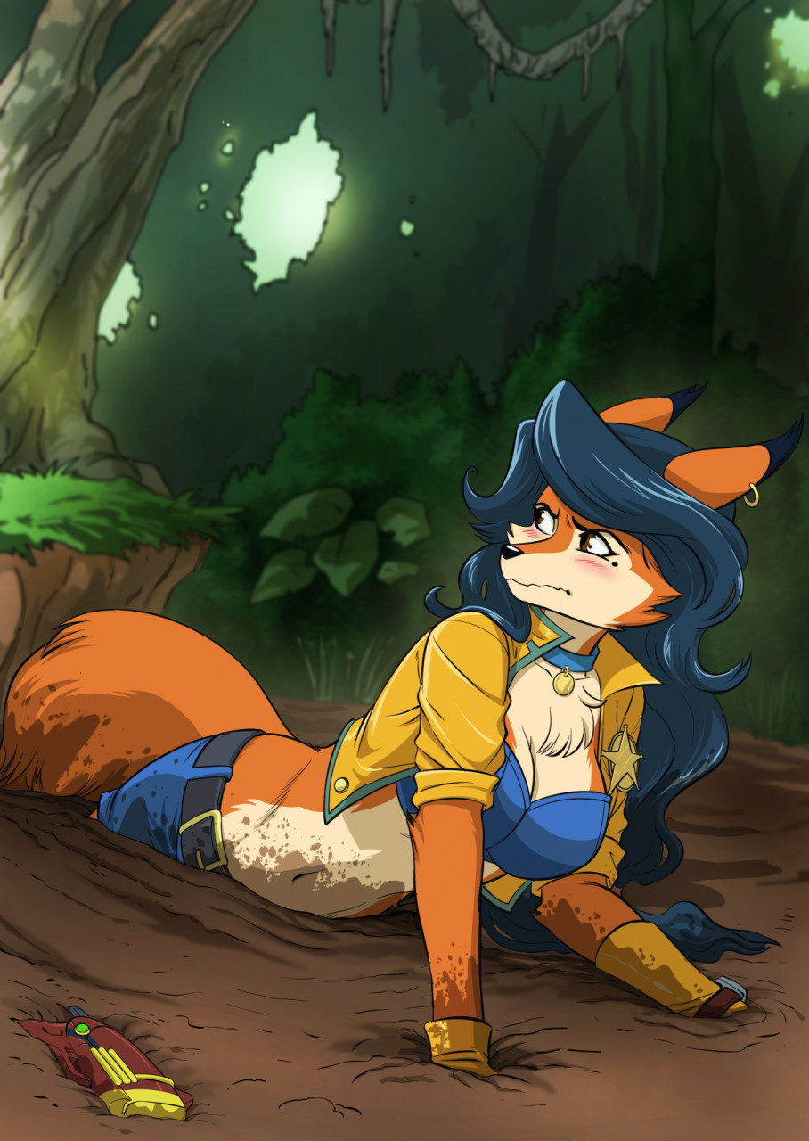 anthro beauty_mark belt blue_hair blush bottomwear breasts brown_eyes canid canine carmelita_fox chest_tuft clothing dipstick_ears ear_piercing ear_ring embarrassed eyelashes female forest fox fur gloves gun hair handwear hi_res jacket long_hair looking_back mammal midriff mud muddy multicolored_ears navel orange_body orange_fur outside piercing plant powree ranged_weapon shorts shrub sinking sly_cooper_(series) solo sony_corporation sony_interactive_entertainment stuck sucker_punch_productions tan_body tan_fur topwear tree tube_top tuft video_games wavy_mouth weapon
