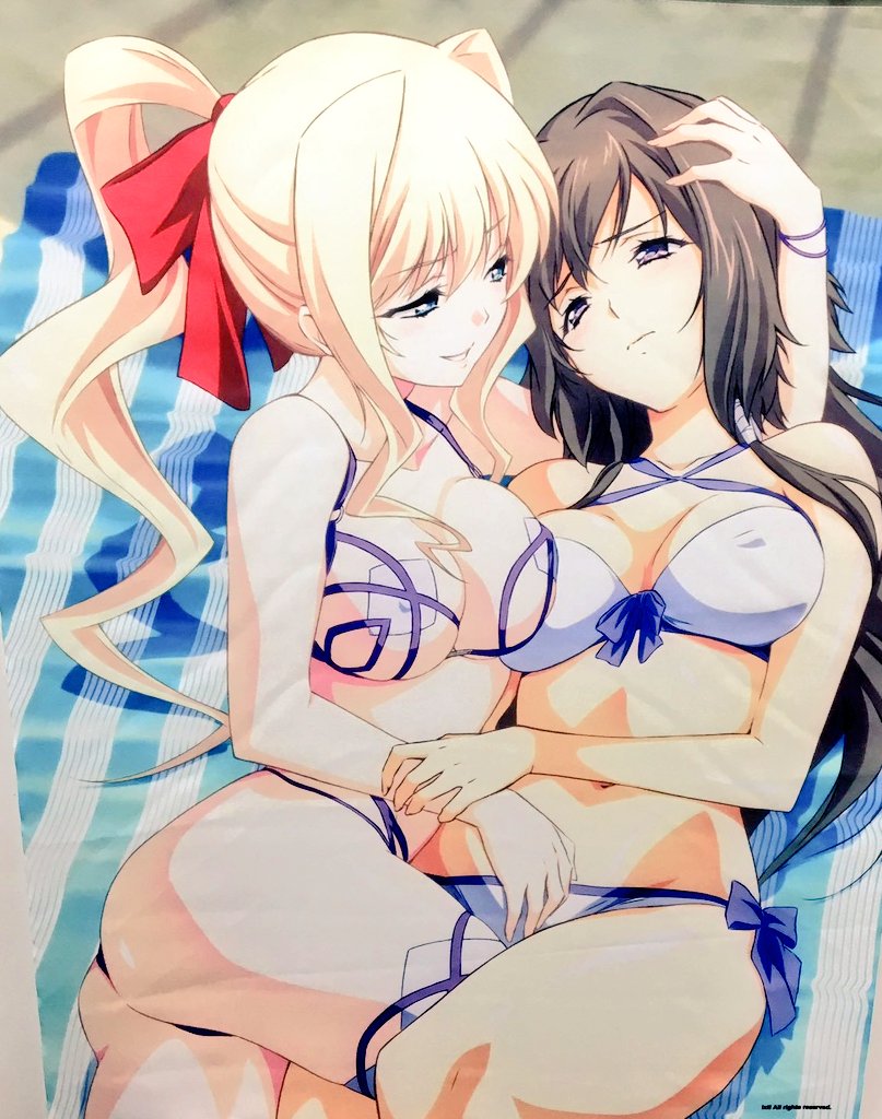 2girls alternate_costume artist_request blonde_hair bracelet breasts brown_hair cleavage hair_ribbon ilfriede_von_feulner jewelry large_breasts multiple_girls muvluv muvluv_alternative muvluv_total_eclipse navel ponytail ribbon swimsuit takamura_yui the_euro_front third-party_source yuri