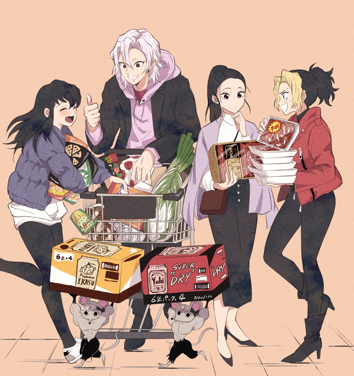 1boy 3girls alcohol alternate_costume animal_ears bag beer black_hair black_legwear black_pants blush box carrying casual closed_eyes down_jacket food full_body groceries grocery_bag headband high_heels highres hinatsuru_(kimetsu_no_yaiba) hood hoodie husband_and_wife_and_wife jacket kimetsu_no_yaiba long_sleeves makio_(kimetsu_no_yaiba) meat mouse mouse_ears multiple_girls open_clothes open_mouth pants pink_hoodie ponytail red_eyes red_jacket san_mon shopping_bag shopping_cart smile suma_(kimetsu_no_yaiba) thumbs_up uzui_tengen white_hair