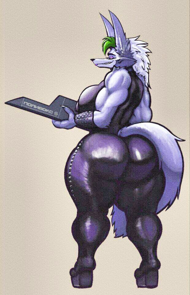 anthro big_breasts big_butt bns_arts bracelet breasts butt canid canine canis clothing curvaceous curvy_figure female five_nights_at_freddy's five_nights_at_freddy's:_security_breach fur green_hair grey_body grey_fur hair high_heels jewelry leather leather_clothing mammal muscular muscular_female roxanne_wolf_(fnaf) scottgames solo sosocheck69 t.n. thick_thighs video_games voluptuous white_hair wide_hips wolf