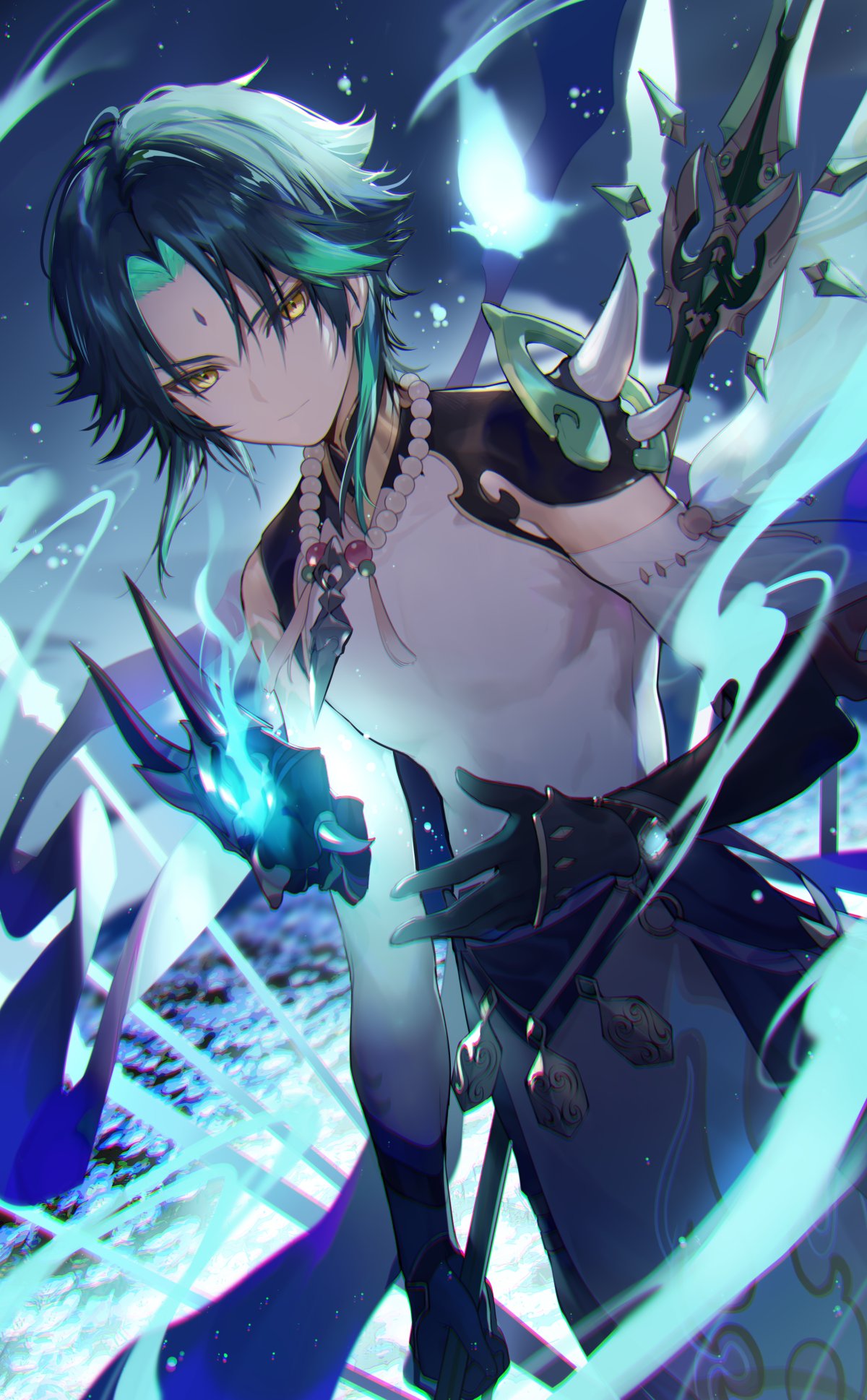 1boy arm_tattoo bead_necklace beads black_hair closed_mouth facial_mark forehead_mark genshin_impact gloves green_hair highres holding holding_polearm holding_weapon jewelry looking_at_viewer male_focus mask multicolored_hair necklace necomi polearm solo tattoo weapon xiao_(genshin_impact) yellow_eyes