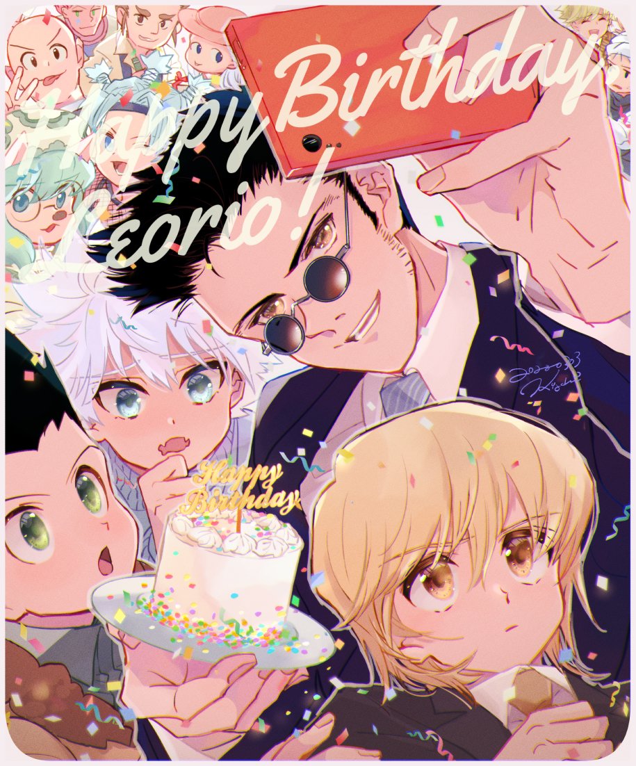 black_hair blonde_hair blue_eyes brown_hair cake cheadle_yorkshire confetti food formal ging_freecss gon_freecss green_eyes group_picture hanzo_(hunter_x_hunter) happy_birthday hisoka_morow holding holding_phone hunter_x_hunter kigchi killua_zoldyck kurapika leorio_paladiknight male_focus menchi_(hunter_x_hunter) pariston_hill phone senritsu smile suit sunglasses white_hair yellow_eyes zepile