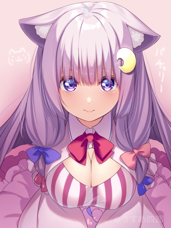 1girl animal_ear_fluff animal_ears bow breasts cat_ears cleavage crescent crescent_hair_ornament dress from_above hair_bow hair_ornament hairclip large_breasts long_hair looking_at_viewer looking_up patchouli_knowledge pink_dress purple_eyes purple_hair ribbon smile solo striped touhou upper_body usume_shirou vertical_stripes very_long_hair