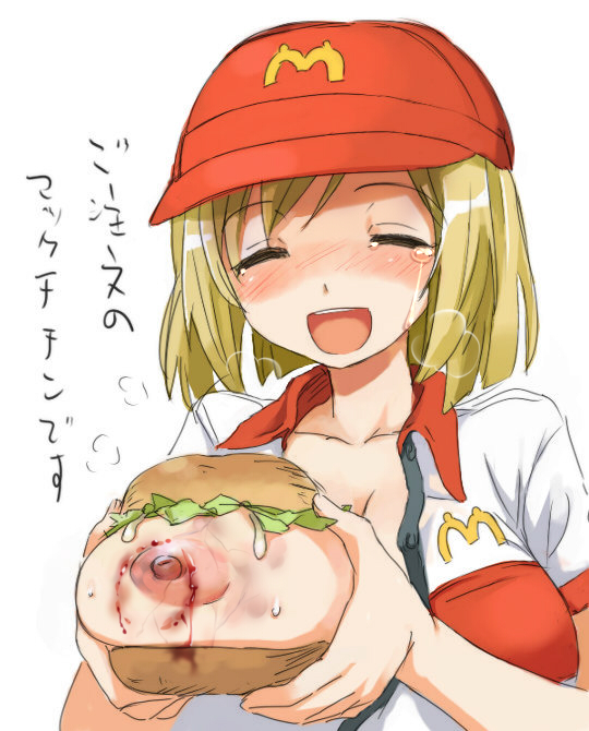 1girl areola areolae bite_mark blonde blonde_hair blood blue_eyes blush bread breast_grab breast_hold breast_slip breasts bruise bun burger cap cleavage collarbone erect_nipples eyes_closed food fruit grabbing grin guro hair_bun hamburger happy injury large_areola large_areolae large_breasts lettuce mayo mayonnaise mcdonald's mcdonald's mcdonalds naughty_grin nipples one_breast_out open_clothes open_mouth open_shirt oppai orange_hair photoshop screencap shirt short_hair smile solo stream sweat tears teeth translation_request unbuttoned_shirt uniform what