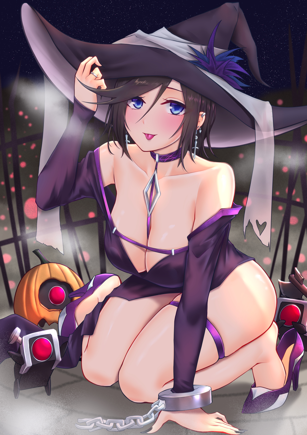 1girl bare_shoulders black_hair blue_eyes breasts chain chinese_commentary cleavage collarbone commentary_request costume dinergate_(girls'_frontline) earrings english_commentary girls'_frontline halloween hat high_heels highres intruder_(girls'_frontline) jewelry kneeling large_breasts large_hat long_hair long_sleeves looking_at_viewer mixed-language_commentary off_shoulder popoman purple_footwear robot sangvis_ferri short_hair smile solo thigh_strap thighs witch_hat