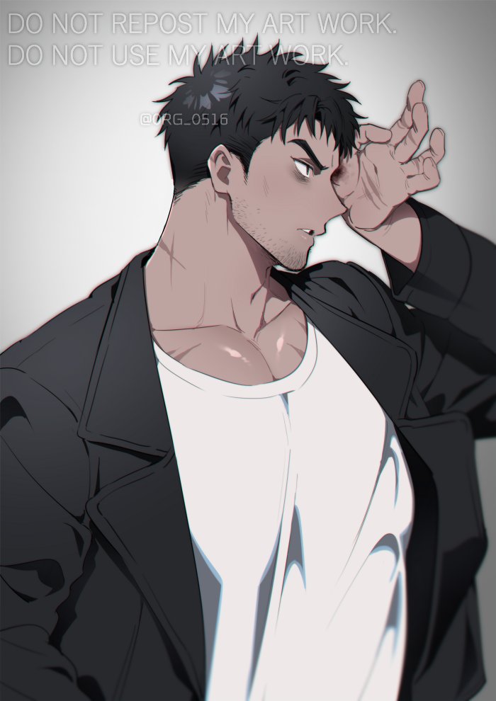 1boy artist_name bara beard black_hair dark_skin facial_hair jacket large_pectorals male_focus mongz muscular muscular_male original pectoral_cleavage pectorals scar shirt t-shirt text_focus tight