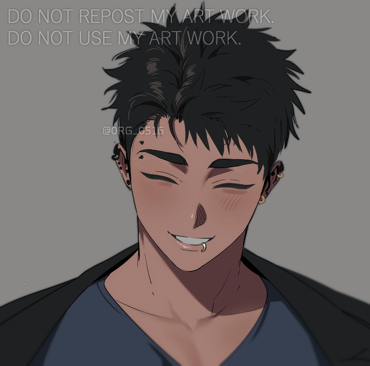 1boy artist_name black_hair blush closed_eyes dark_skin ear_piercing earrings jacket jewelry male_focus mongz mouth_piercing original pectoral_cleavage pectorals piercing shirt smile t-shirt text_focus thick_eyebrows