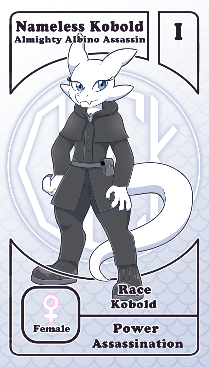 anthro black_clothing character_card cloth clothing fan_character female hi_res kobold scales solo vavacung white_body white_scales