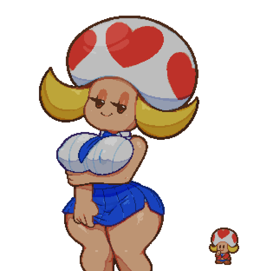 bedroom_eyes big_breasts blonde_hair bottomwear breasts brown_eyes clothing elemental_creature elemental_humanoid erect_nipples female fungi_fauna fungi_humanoid fungus hair humanoid mario_bros mushroom narrowed_eyes necktie nintendo nipples paper_mario paper_mario_(2000) school_uniform seductive short_stack skirt somescrub toad_(mario) uniform vanna_t. video_games