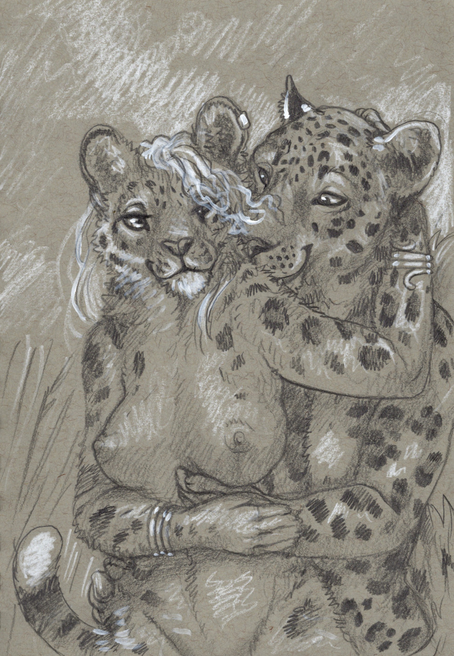 anthro bracelet_only breasts cadmiumtea duo eye_contact felid female graphite_(artwork) hi_res jewelry leopard looking_at_another male male/female mammal monochrome pantherine sepia simple_background snow_leopard traditional_media_(artwork)