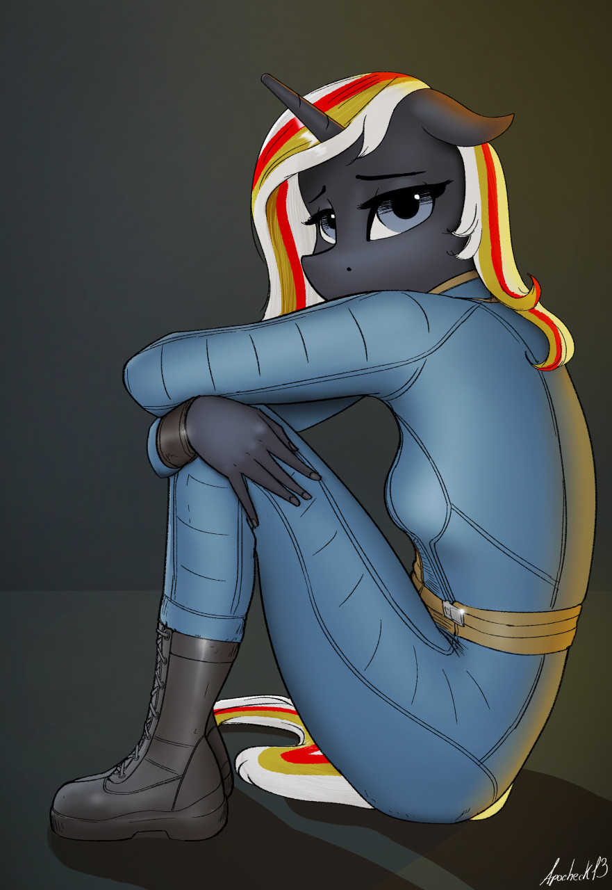 anthro apocheck13 arm_on_knee boots clothing ears_down equid equine fallout_equestria female footwear hasbro hi_res horn jumpsuit knees_pulled_up looking_at_viewer mammal my_little_pony pivoted_ears simple_background solo unicorn velvet_remedy