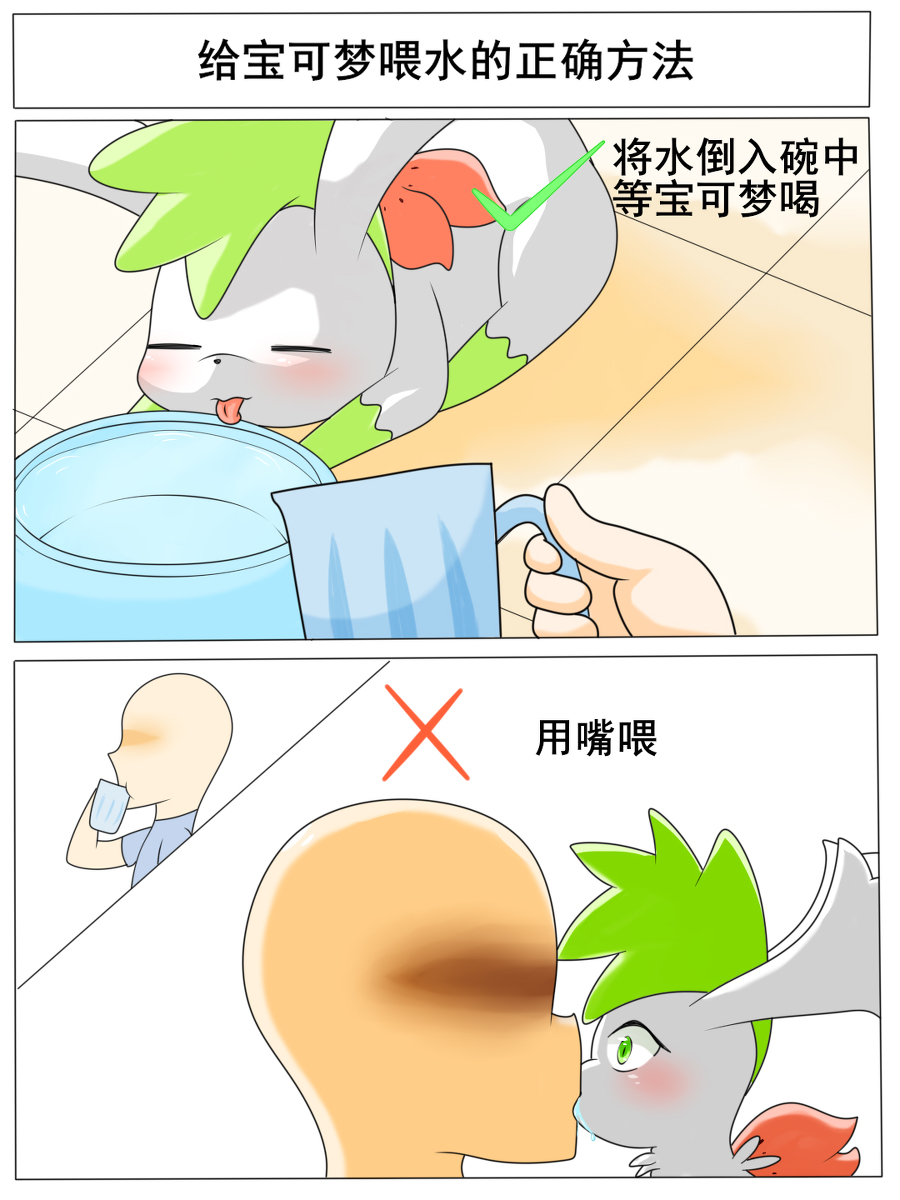 ambiguous_gender blush chinese_text comic container cup drinking duo eyes_closed faceless_character faceless_human feral fur hi_res human kissing legendary_pok&eacute;mon mammal meme nintendo on_ground pizzle pok&eacute;mon pok&eacute;mon_(species) shaymin surprise surprised_expression text tongue tongue_out translation_check translation_request video_games water white_body white_fur