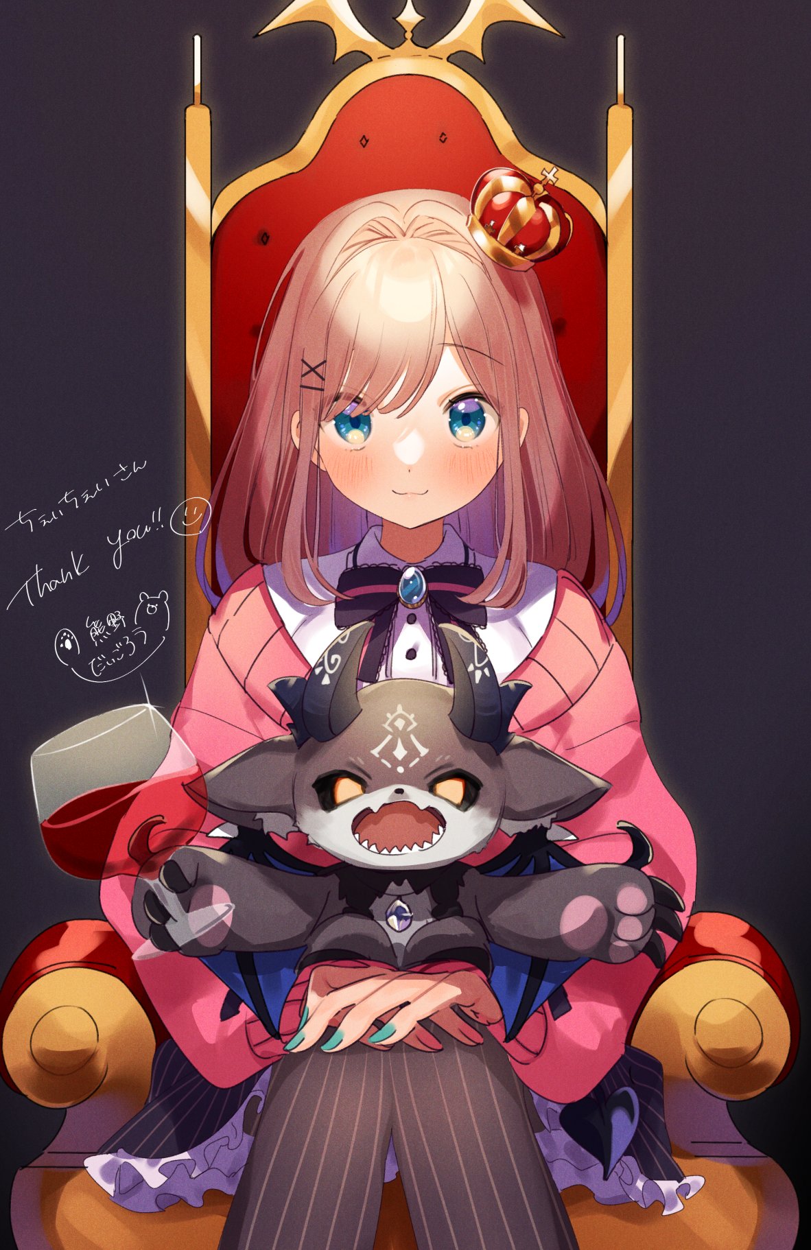 1girl 1other :3 aqua_nails bangs black_sclera blue_eyes blush bow bowtie brooch brown_hair cardigan closed_mouth colored_sclera commission crown cup debidebi_debiru demon demon_horns drinking_glass hair_ornament highres holding holding_cup horns jewelry kuma_daigorou light_smile long_sleeves looking_at_viewer medium_hair nail_polish nijisanji open_mouth pink_cardigan pink_nails sharp_teeth shirt simple_background sitting sitting_on_lap sitting_on_person skeb_commission suzuhara_lulu teeth throne virtual_youtuber white_shirt wine_glass x_hair_ornament