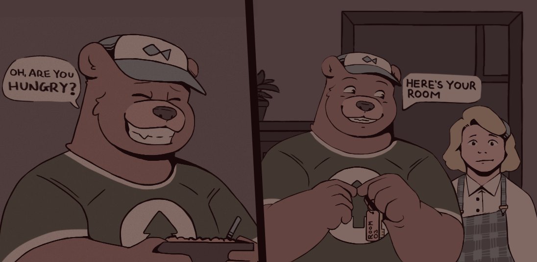 2022 anthro bear_and_breakfast biped brown_body clothed clothing comic duo english_text eyes_closed hank_(bear_and_breakfast) hat headgear headwear human humanoid_hands inside mammal shirt text thebearalliance topwear ursid