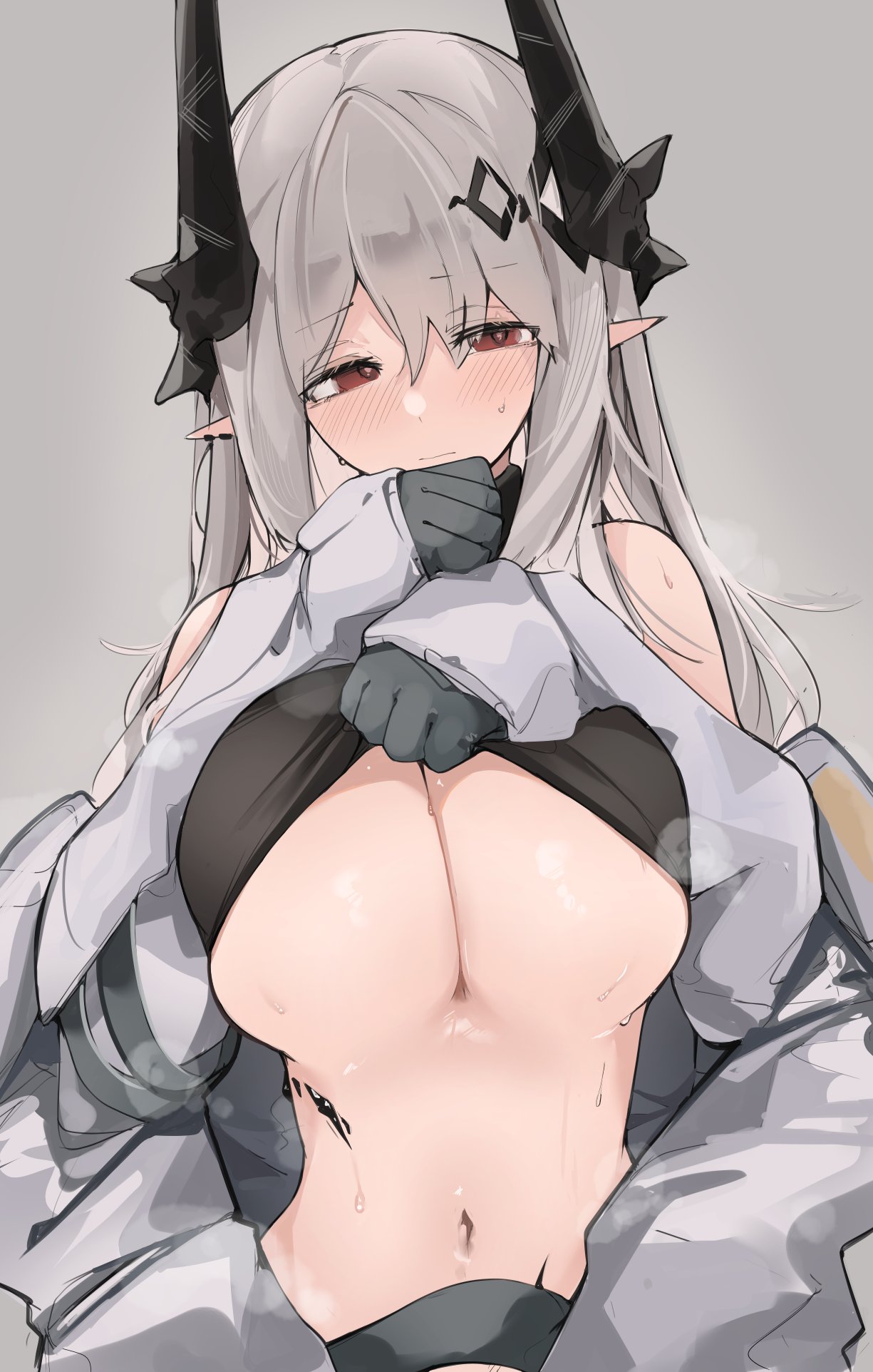 1girl arknights blush breasts coat crop_top_lift demon_horns ear_piercing eyebrows_visible_through_hair gloves grey_background grey_gloves grey_hair hair_ornament highres horns huge_breasts long_hair long_sleeves looking_at_viewer mikojin mudrock_(arknights) navel off_shoulder open_clothes open_coat oripathy_lesion_(arknights) piercing pointy_ears red_eyes simple_background solo sweat underboob upper_body white_coat