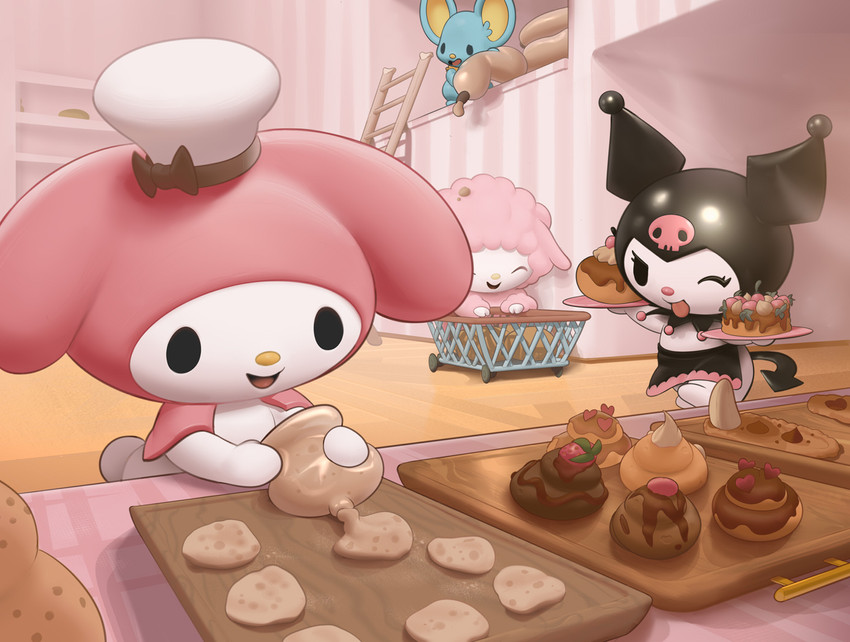 &lt;3 2021 bakery baking baking_tray beady_eyes black_apron black_eyes bovid bow caprine chef_hat clothing cooking daww digital_drawing_(artwork) digital_media_(artwork) eyelashes eyes_closed female flat_(sanrio) food fruit fur group hand_on_object happy hat hat_bow headgear headwear holding_plate hood hoodie icing icing_bag inkune inside kemono kuromi ladder lagomorph leporid male mammal mouse multicolored_body multicolored_fur murid murine my_melody my_sweet_piano one_eye_closed onegai_my_melody pastry pastry_bag pink_body pink_fur pink_nose pink_wool plant plate rabbit rodent sanrio semi-anthro sheep shiny_(disambiguation) size_difference smaller_male spade_tail spilling standing strawberry tongue tongue_out topwear tray two_tone_body two_tone_fur waist_apron walking white_body white_fur wink wool_(fur) working yellow_body yellow_fur yellow_nose