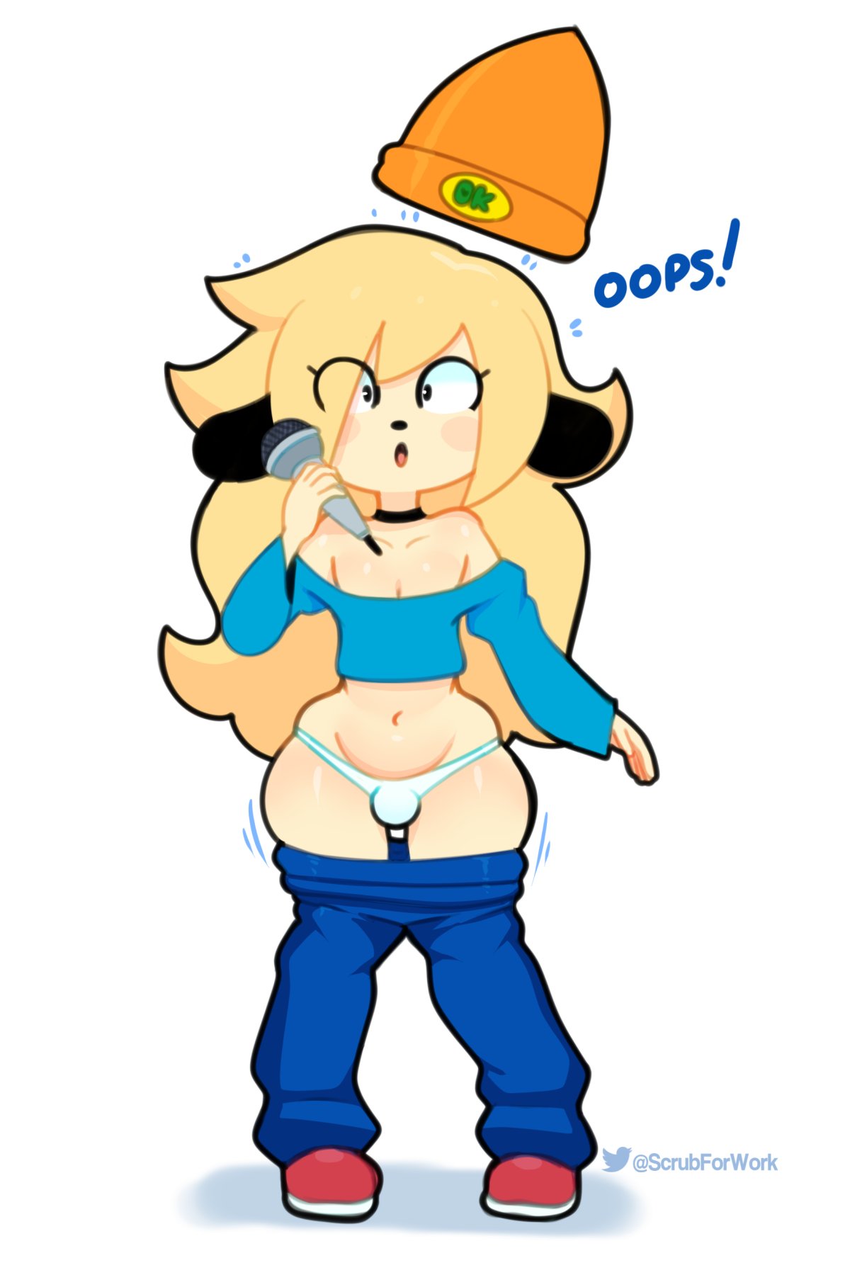 :o anthro blonde_hair blue_bottomwear blue_clothing blue_pants blue_shirt blue_topwear bottomwear bottomwear_down bulge canid canine canis choker clothed clothing curvy_figure dialogue domestic_dog english_text floppy_ears footwear fur hair hat headgear headwear hi_res jewelry long_hair looking_at_viewer male mammal microphone navel necklace open_mouth panties pants pants_down panty_bulge parappa parappa_the_rapper partially_clothed shirt shoes solo somescrub sony_corporation sony_interactive_entertainment standing surprised_expression text tight_clothing topwear twitter underwear url video_games wardrobe_malfunction white_body white_fur wide_eyed